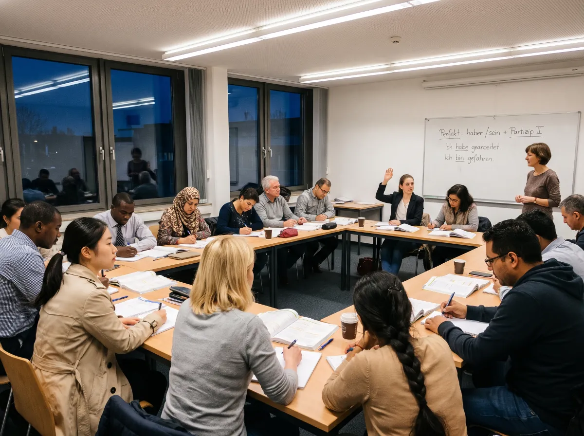 Abendlicher Deutschkurs an der Volkshochschule mit vielen Erwachsenen vor einem Whiteboard mit Notizen zum Perfekt