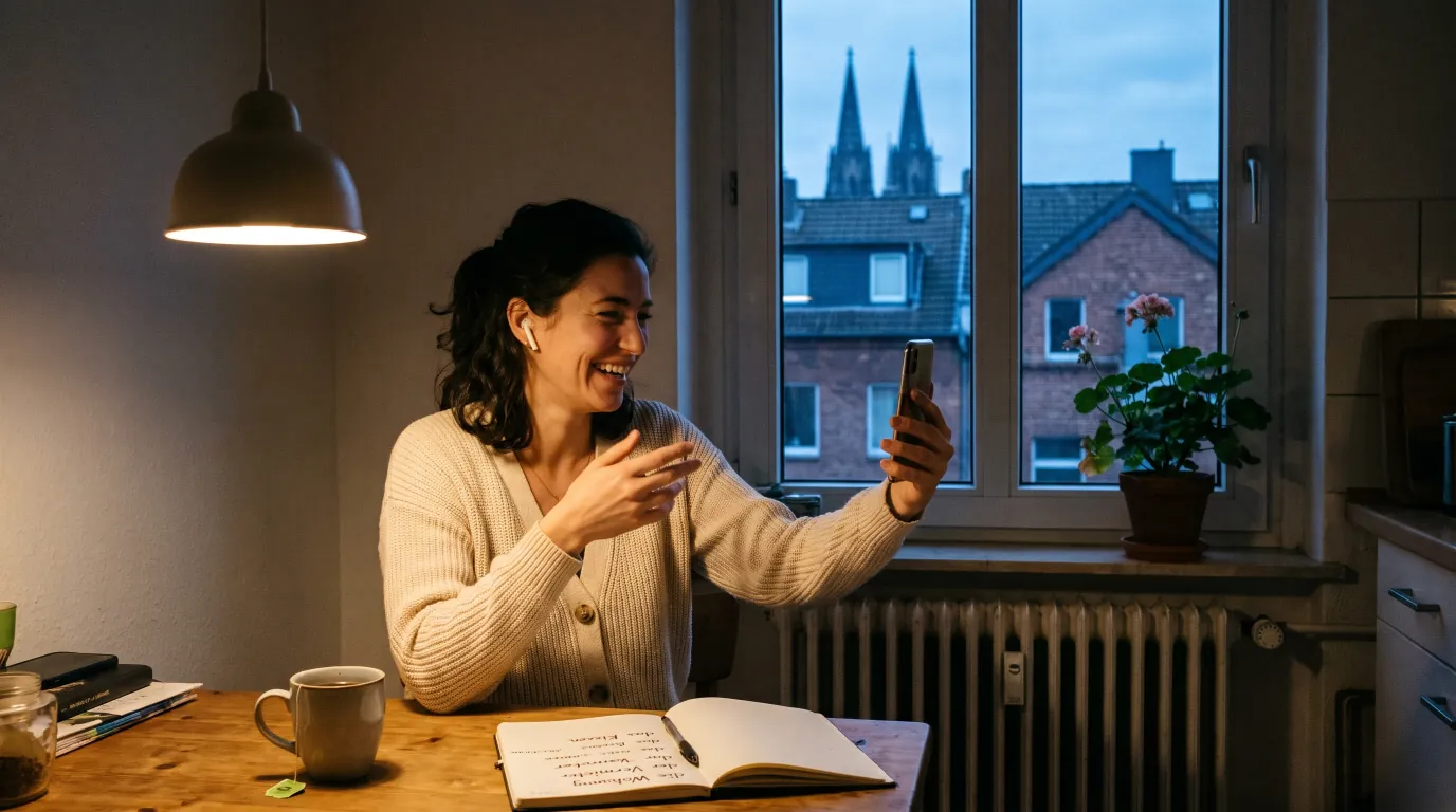 Junge Frau mit kabellosen Kopfhörern lacht am Küchentisch einer Kölner Altbauwohnung in einen Videoanruf auf dem Smartphone, im Fenster die Türme des Kölner Doms
