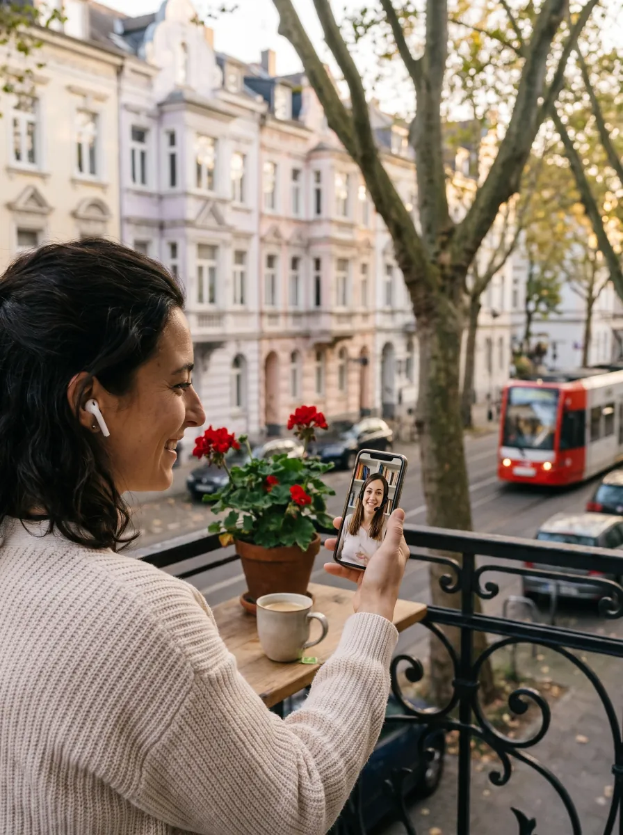 Frau auf einem Altbau-Balkon in Köln-Ehrenfeld im Videogespräch mit einer Tutorin auf dem Smartphone, unten fährt eine Straßenbahn